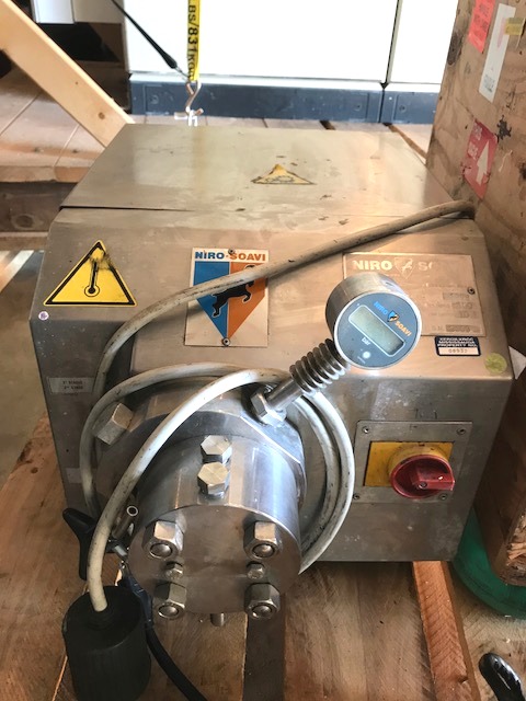 ***SOLD*** used Niro Soavi High Pressure Homogenizer. Model: PANDA. Maximum working pressure: 21755 psi(150 MPa). Standard flow rate: 2.6 gal/hr (10 l/hr). The unit operates at temperatures up to 194 Deg.F. The Panda is a high pressure homogenization unit designed for laboratory and small scale production in the pharmaceutical and biotechnological industries. Tri-clamp inlet/outlet connections. Sanitary designed and easily disassembled for manual cleaning and sterilization in place (SIP).
Homogenizer is made with FDA approved product contact materials. Digital pressure gauge.